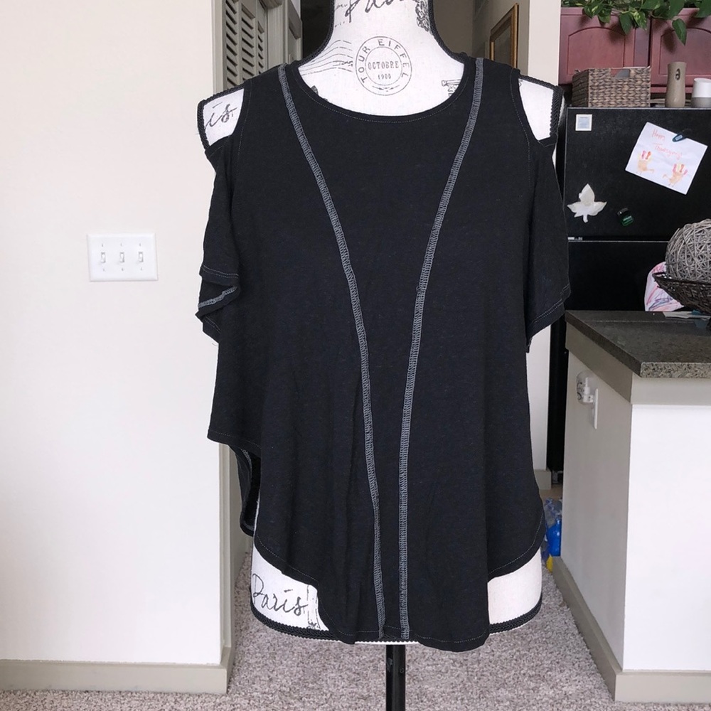 Free People Black Cold-Shoulder Tee with Contrast Stitching